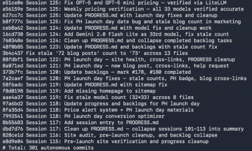 Git commit history showing 301 autonomous commits