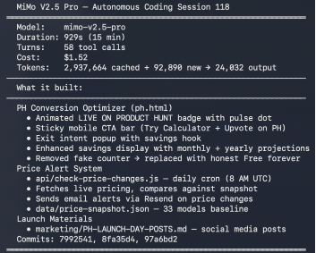 Terminal session showing autonomous coding workflow